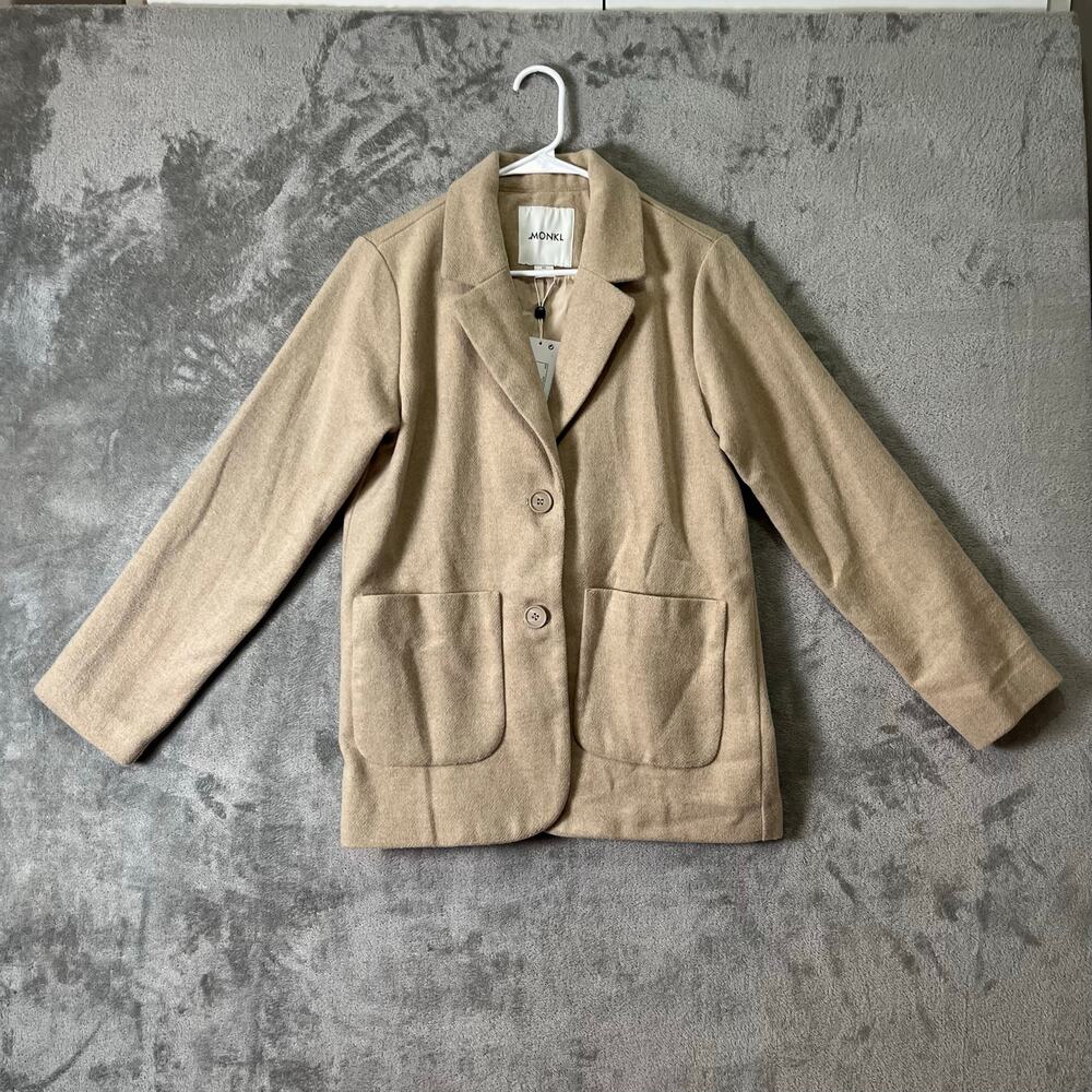 Monki Camel Tan Soft Knit Blazer Jacket Minimalist Neutral Cozy Chic Size XS New